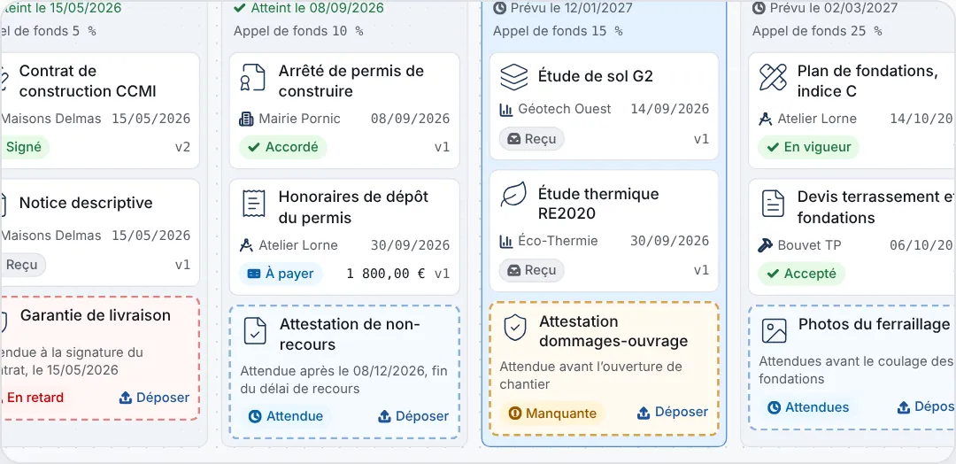 Les documents du projet classés par jalon : contrat signé, permis, étude de sol, plan de fondations